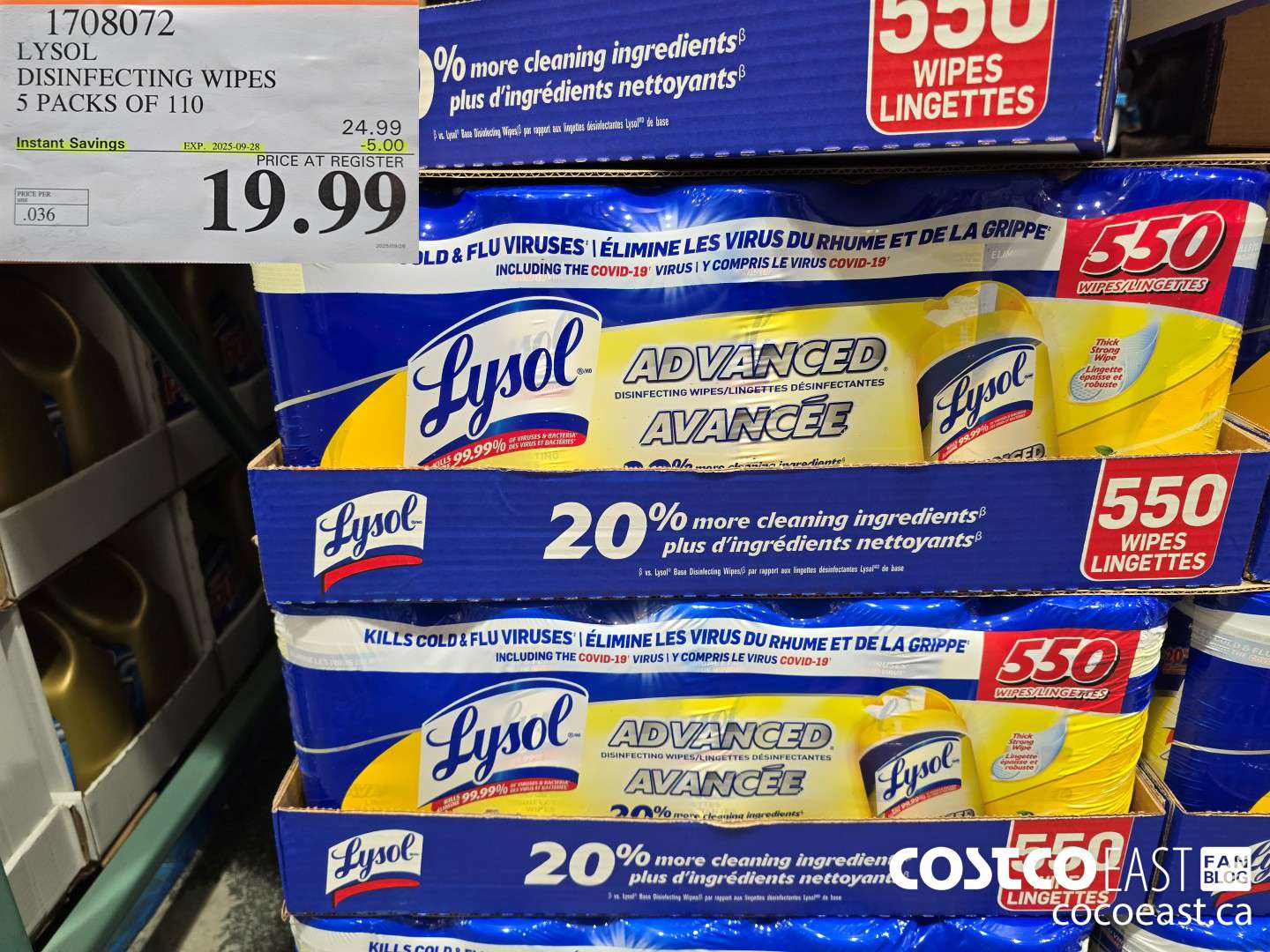1708072 LYSOL DISINFECTING WIPES 5 PACKS OF 110 ($5.00 INSTANT SAVINGS EXPIRES ON 2025-09-28) $19.99
