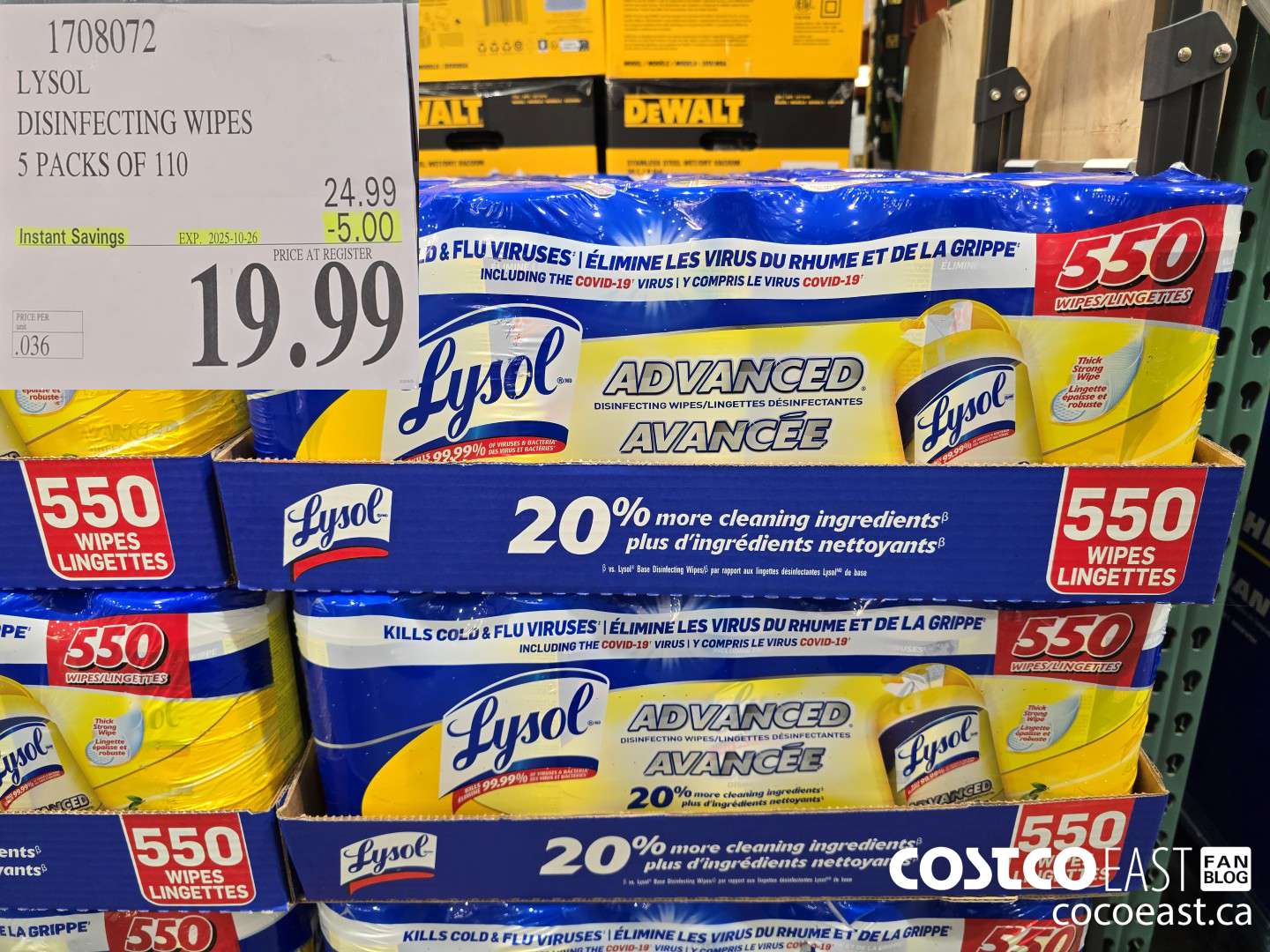 1708072 LYSOL DISINFECTING WIPES 5 PACKS OF 110 ($5.00 INSTANT SAVINGS EXPIRES ON 2025-10-26) $19.99