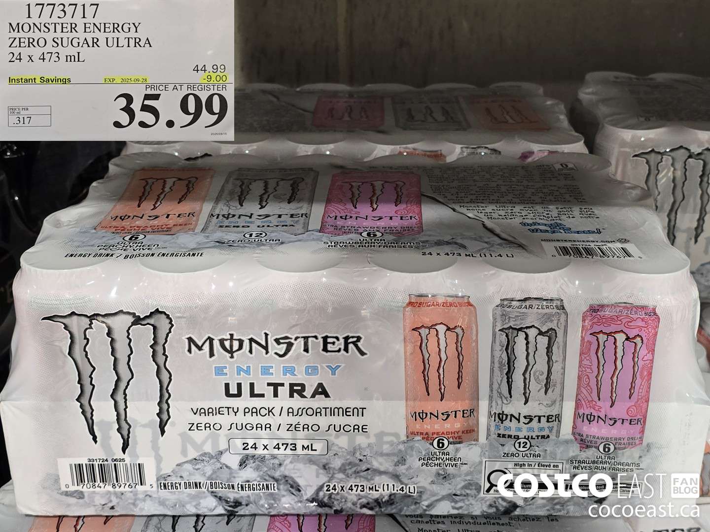 1773717 MONSTER ENERGY ZERO SUGAR ULTRA 24 X 473 ML ($9.00 INSTANT SAVINGS EXPIRES ON 2025-09-28) $35.99