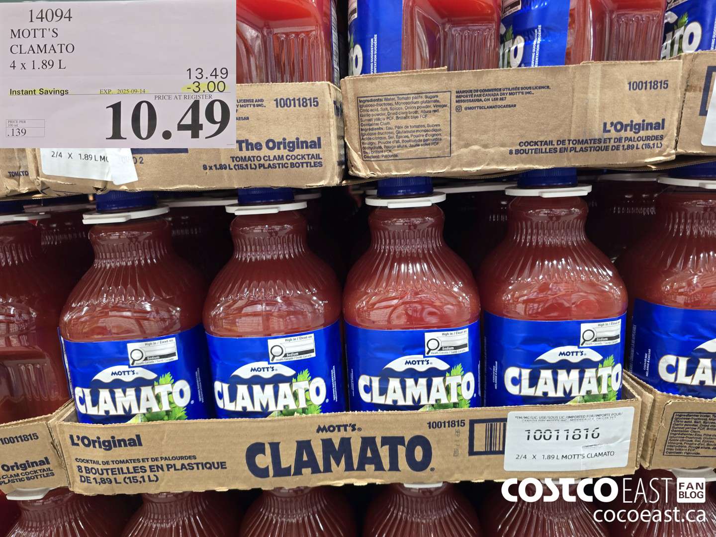 14094 MOTT'S CLAMATO 4 X 1.89 L ($3.00 INSTANT SAVINGS EXPIRES ON 2025-09-14) $10.49