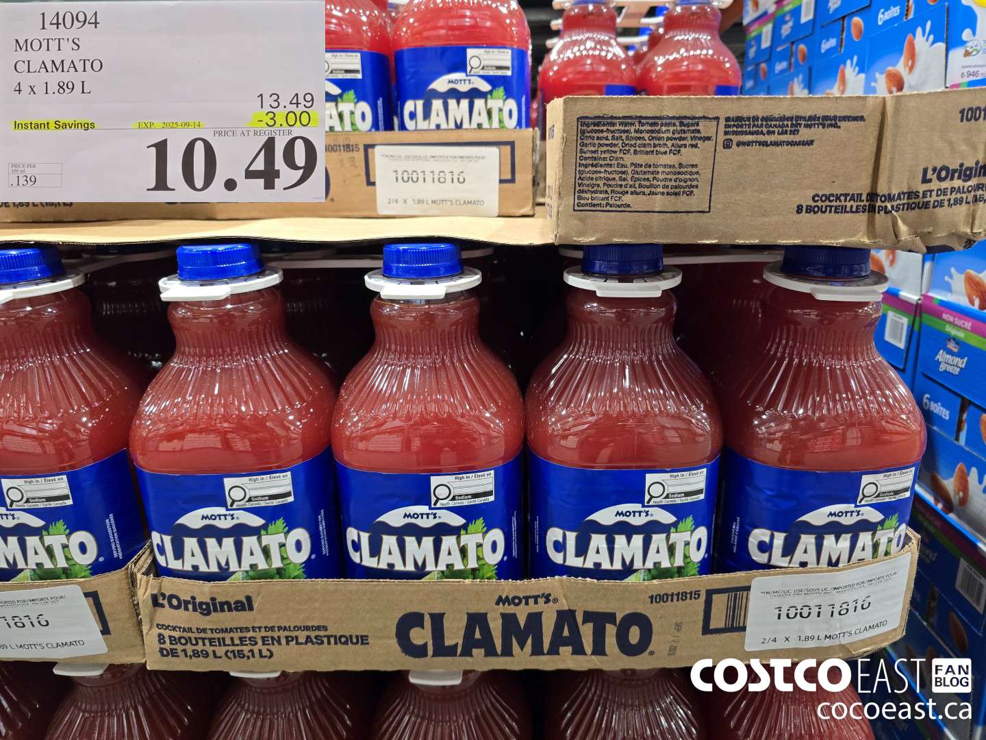 14094 MOTT'S CLAMATO 4 X 1.89 L ($3.00 INSTANT SAVINGS EXPIRES ON 2025-09-14) $10.49