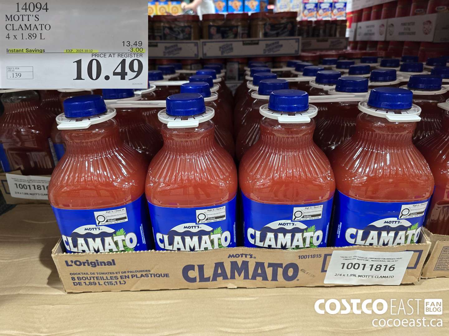 14094 MOTT'S CLAMATO 4 X 1.89 L ($3.00 INSTANT SAVINGS EXPIRES ON 2025-10-12) $10.49