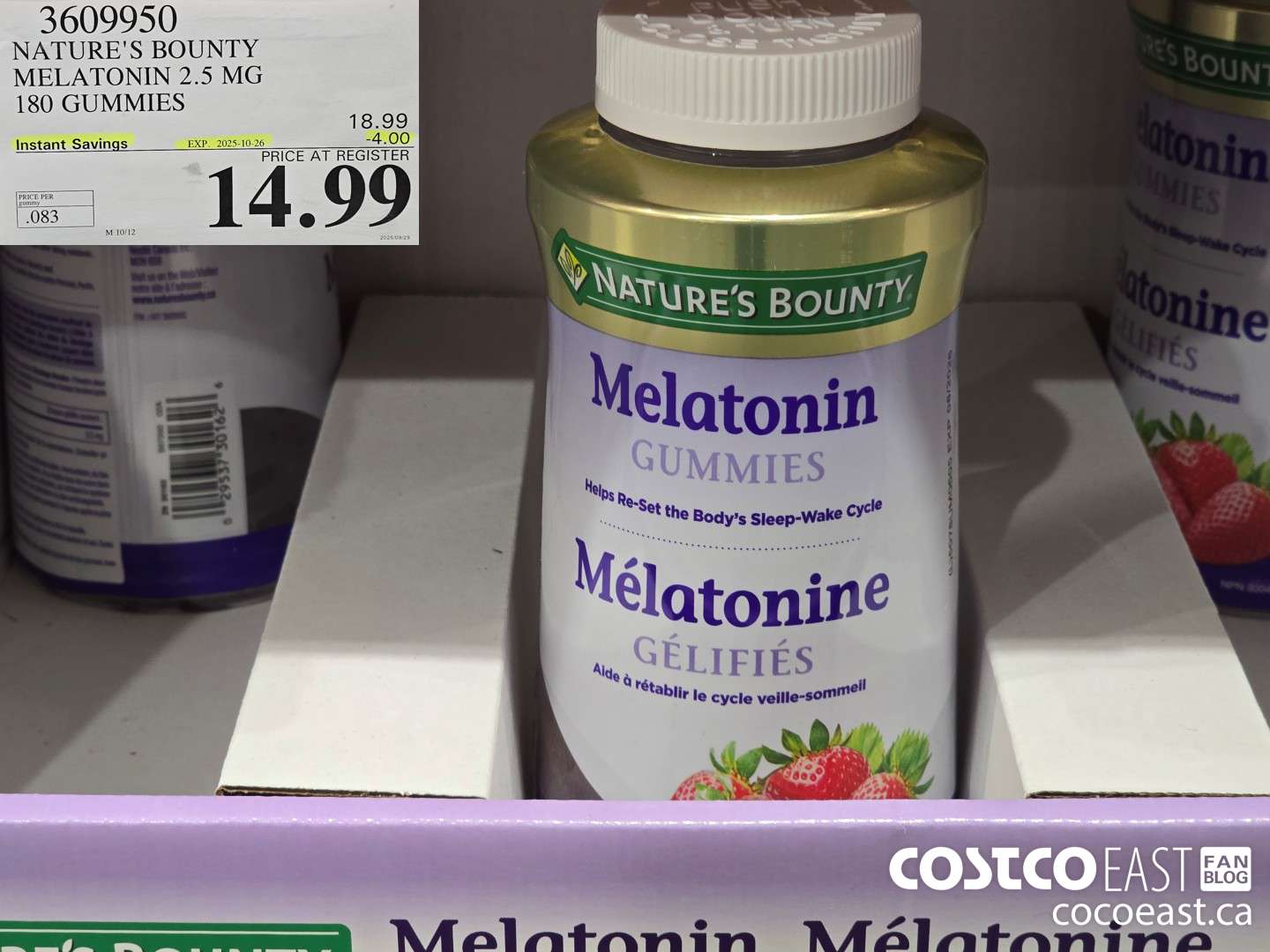3609950 NATURE'S BOUNTY MELATONIN 2.5 MG 180 GUMMIES ($4.00 INSTANT SAVINGS EXPIRES ON 2025-10-26) $14.99