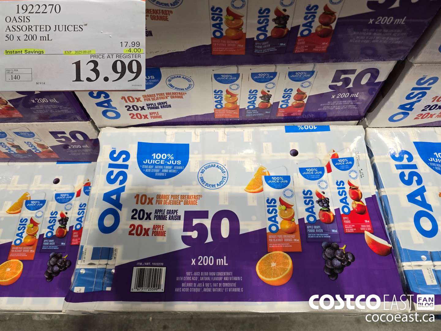 1922270 OASIS ASSORTED JUICES 50 x 200 mL  ($4.00 INSTANT SAVINGS EXPIRES ON 2025-09-07) $13.99