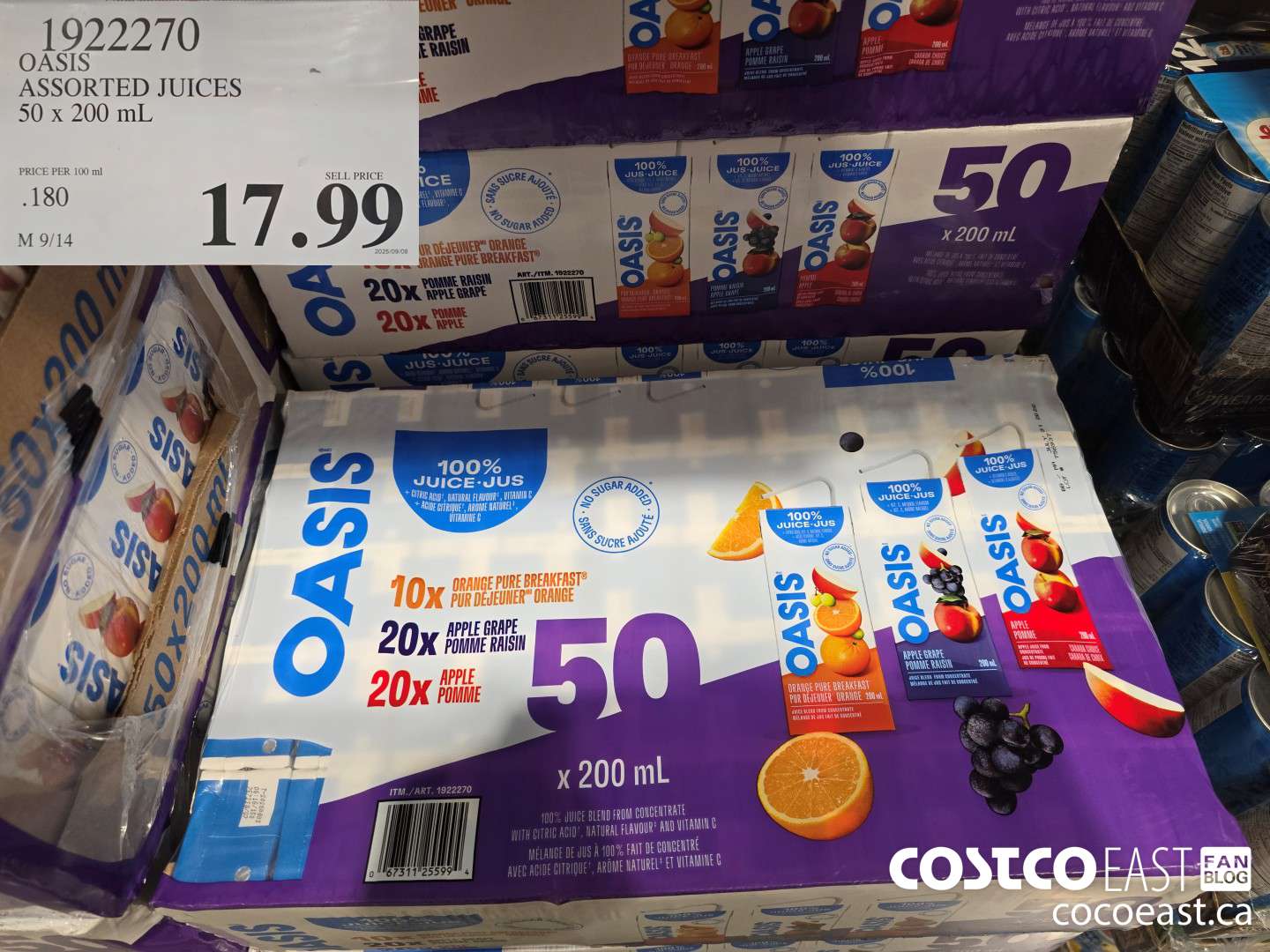 1922270 OASIS ASSORTED JUICES 50 x 200 mL  $17.99