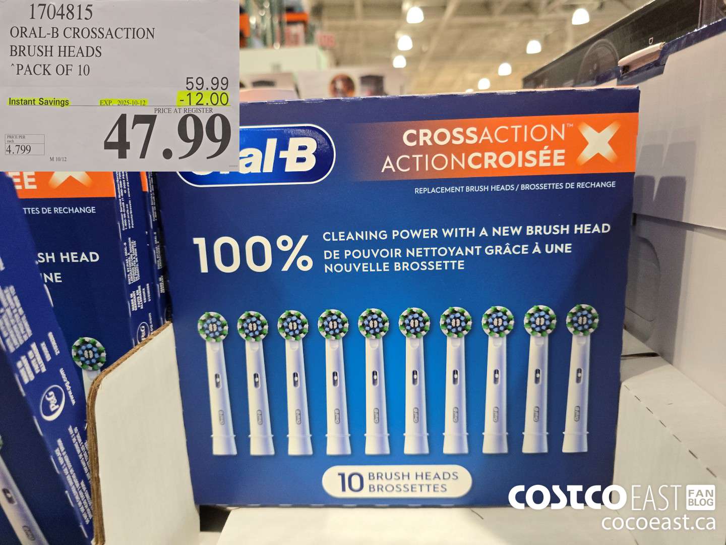 1704815 ORAL-B CROSSACTION BRUSH HEADS PACK OF 10 ($12.00 INSTANT SAVINGS EXPIRES ON 2025-10-12) $47.99