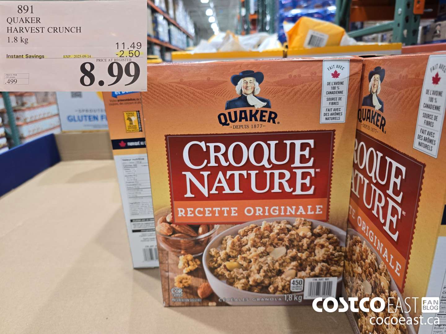 891 QUAKER HARVEST CRUNCH 1.8 kg  ($2.50 INSTANT SAVINGS EXPIRES ON 2025-09-14) $8.99