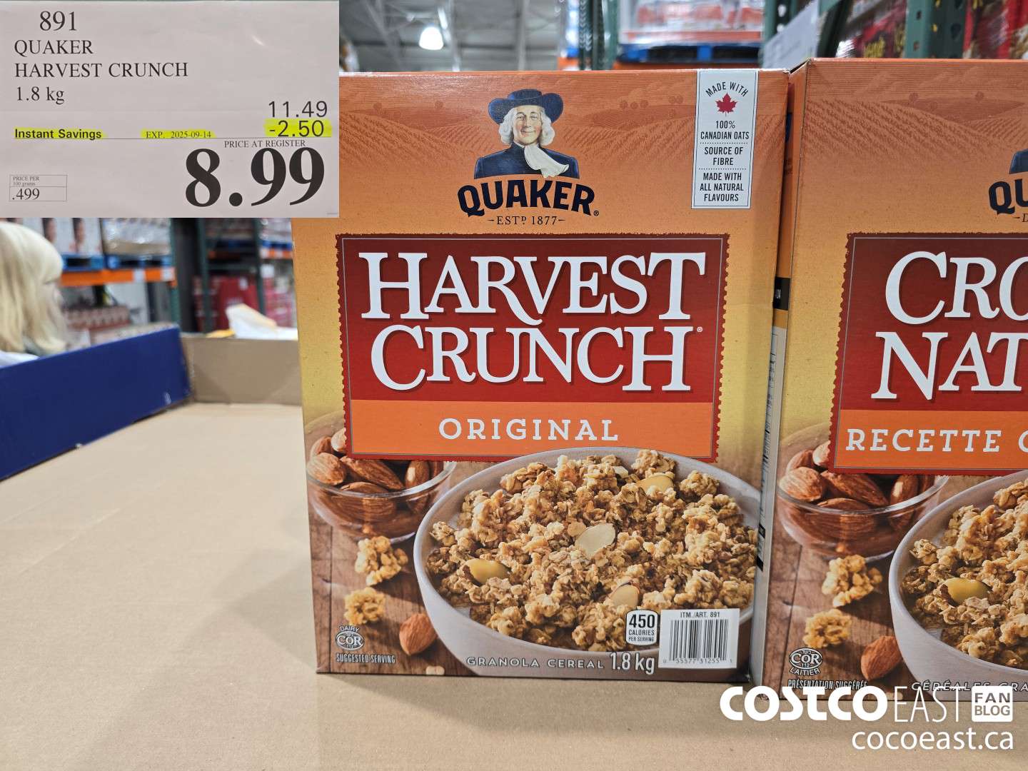 891 QUAKER HARVEST CRUNCH 1.8 kg  ($2.50 INSTANT SAVINGS EXPIRES ON 2025-09-14) $8.99