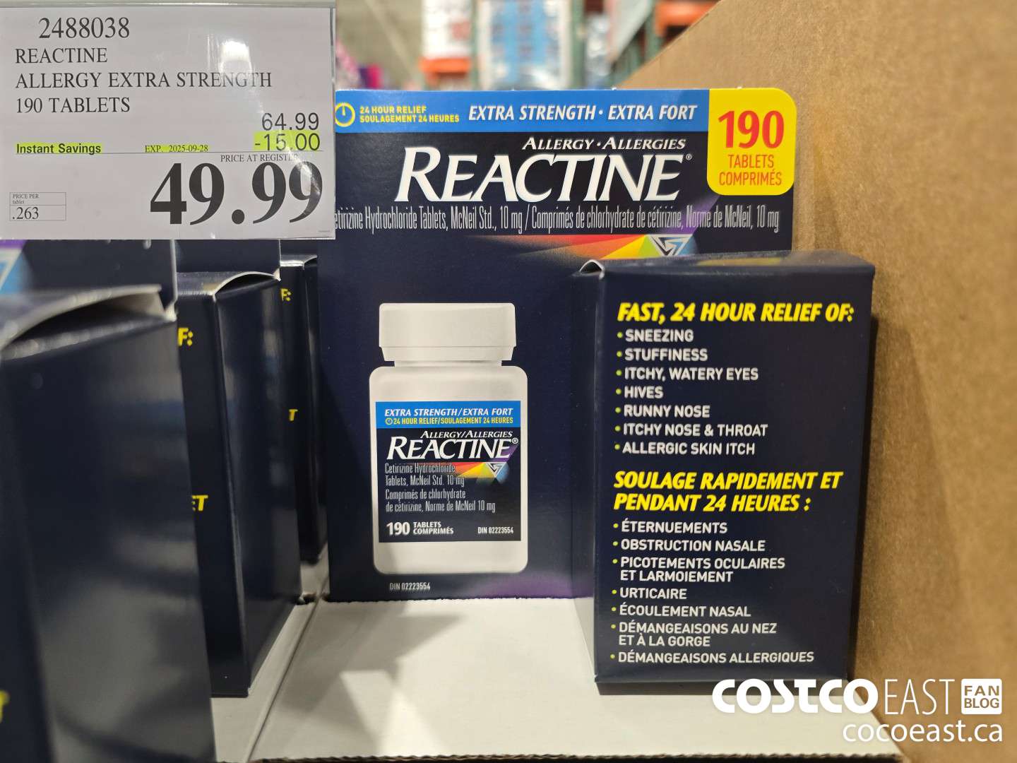 2488038 REACTINE ALLERGY EXTRA STRENGTH 190 TABLETS ($15.00 INSTANT SAVINGS EXPIRES ON 2025-09-28) $49.99