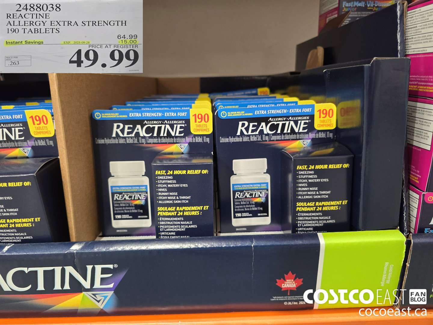 2488038 REACTINE ALLERGY EXTRA STRENGTH 190 TABLETS ($15.00 INSTANT SAVINGS EXPIRES ON 2025-09-28) $49.99