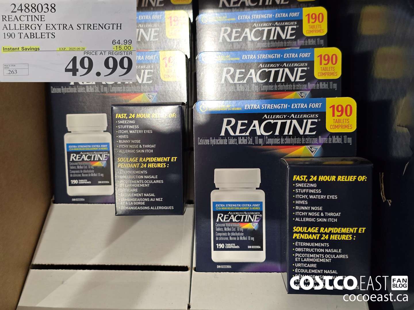 2488038 REACTINE ALLERGY EXTRA STRENGTH 190 TABLETS ($15.00 INSTANT SAVINGS EXPIRES ON 2025-09-28) $49.99