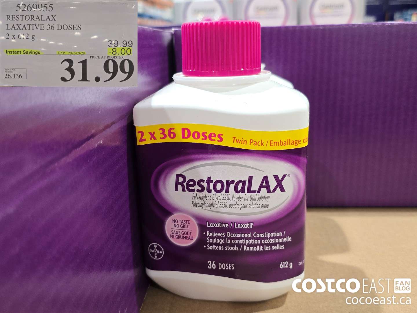 5269955 RESTORALAX LAXATIVE 2 X 621 DOSES ($8.00 INSTANT SAVINGS EXPIRES ON 2025-09-28) $31.99