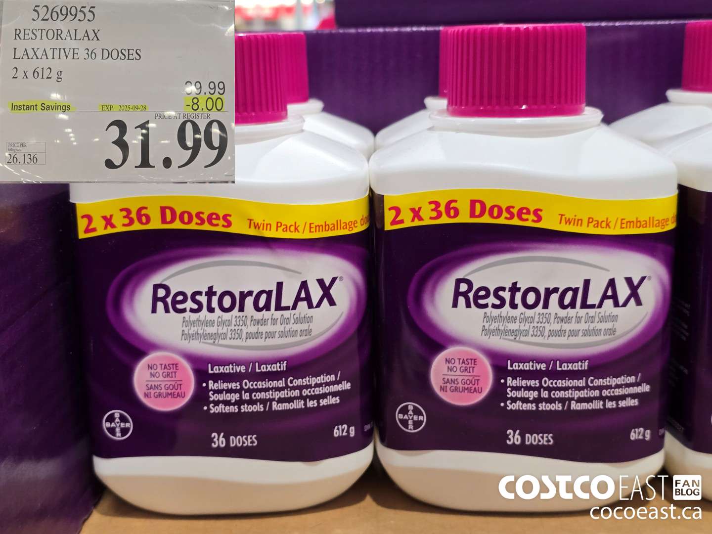 5269955 RESTORALAX LAXATIVE 2 X 621 DOSES ($8.00 INSTANT SAVINGS EXPIRES ON 2025-09-28) $31.99