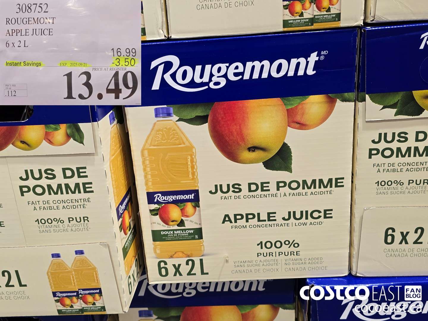 308752 ROUGEMONT APPLE JUICE 6 X 2 L ($3.50 INSTANT SAVINGS EXPIRES ON 2025-09-21) $13.49