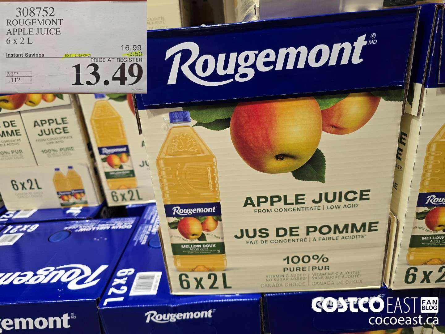 308752 ROUGEMONT APPLE JUICE 6 X 2 L ($3.50 INSTANT SAVINGS EXPIRES ON 2025-09-21) $13.49