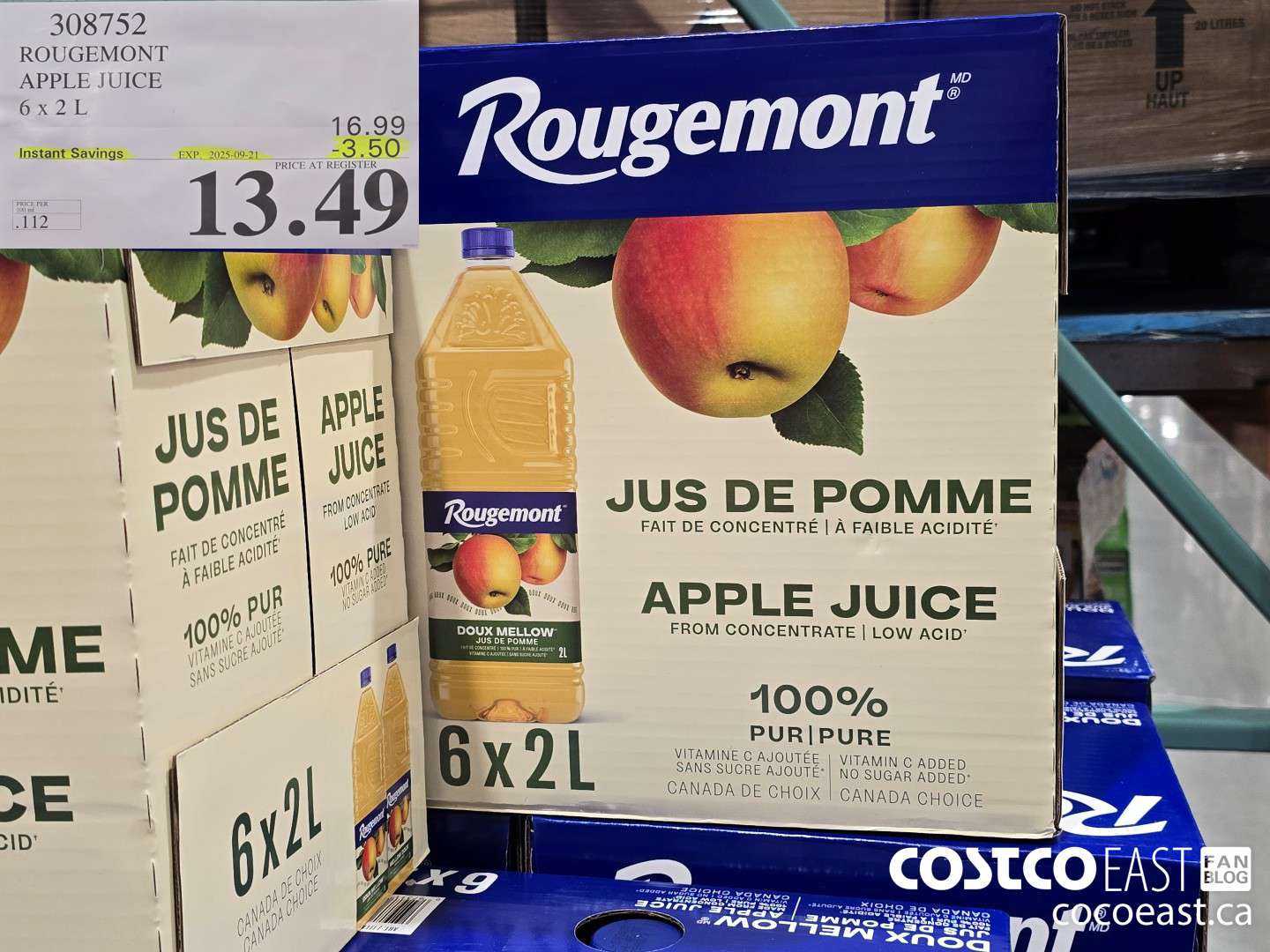 308752 ROUGEMONT APPLE JUICE 6 X 2 L ($3.50 INSTANT SAVINGS EXPIRES ON 2025-09-21) $13.49