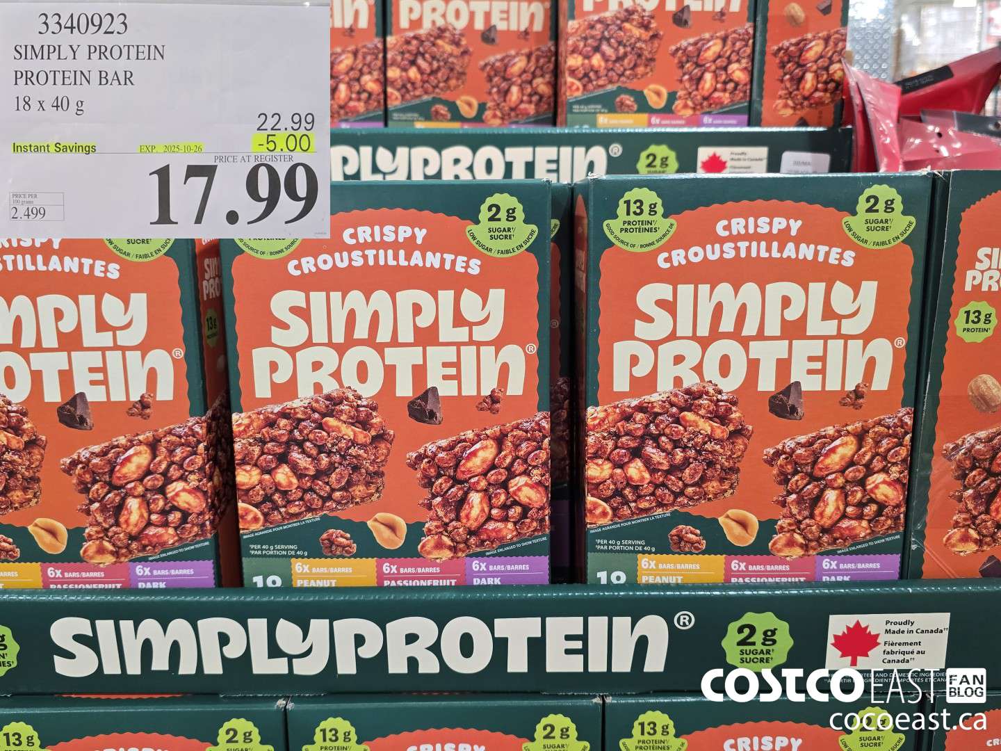 3340923 SIMPLY PROTEIN PROTEIN BAR 18 x 40 g ($5.00 INSTANT SAVINGS EXPIRES ON 2025-10-26) $17.99