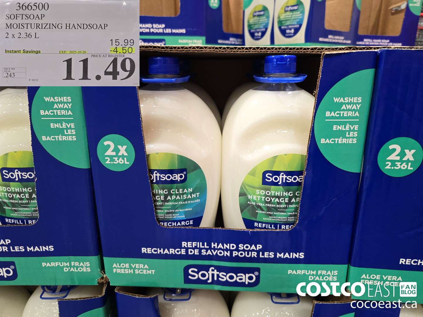 366500 SOFTSOAP HANDSOAP WITH ALOE 2 X 2.36 L ($4.50 INSTANT SAVINGS EXPIRES ON 2025-10-26) $11.49