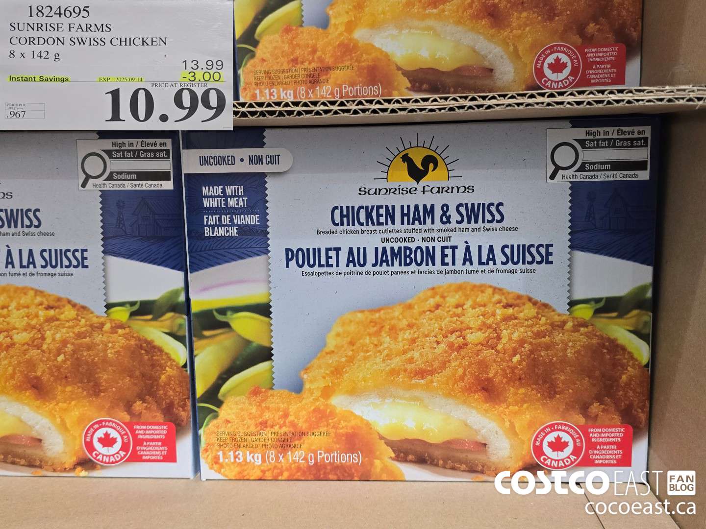 1824695 SUNRISE FARMS CORDON SWISS CHICKEN 8 X 142 G ($3.00 INSTANT SAVINGS EXPIRES ON 2025-09-14) $10.99