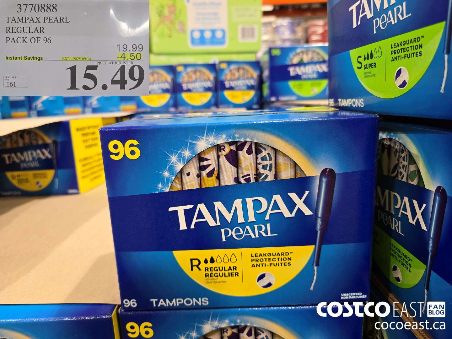 3770888 TAMPAX PEARL REGULAR PACK OF 96 ($4.50 INSTANT SAVINGS EXPIRES ON 2025-09-14) $15.49