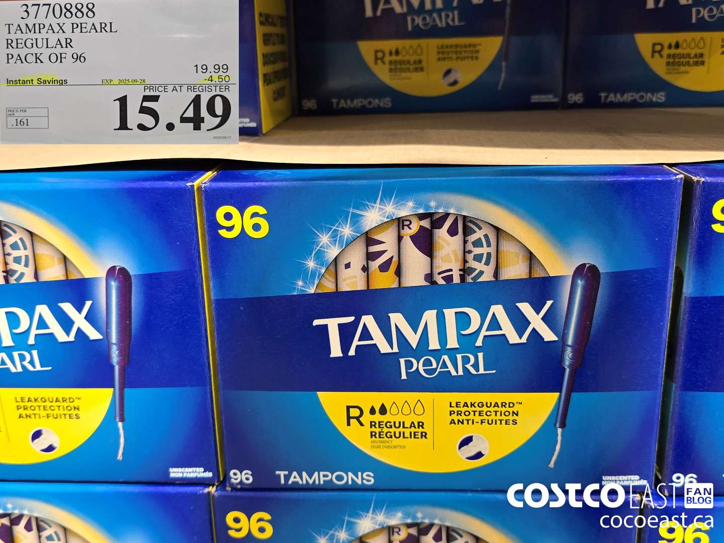 3770888 TAMPAX PEARL REGULAR PACK OF 96 ($4.50 INSTANT SAVINGS EXPIRES ON 2025-09-28) $15.49