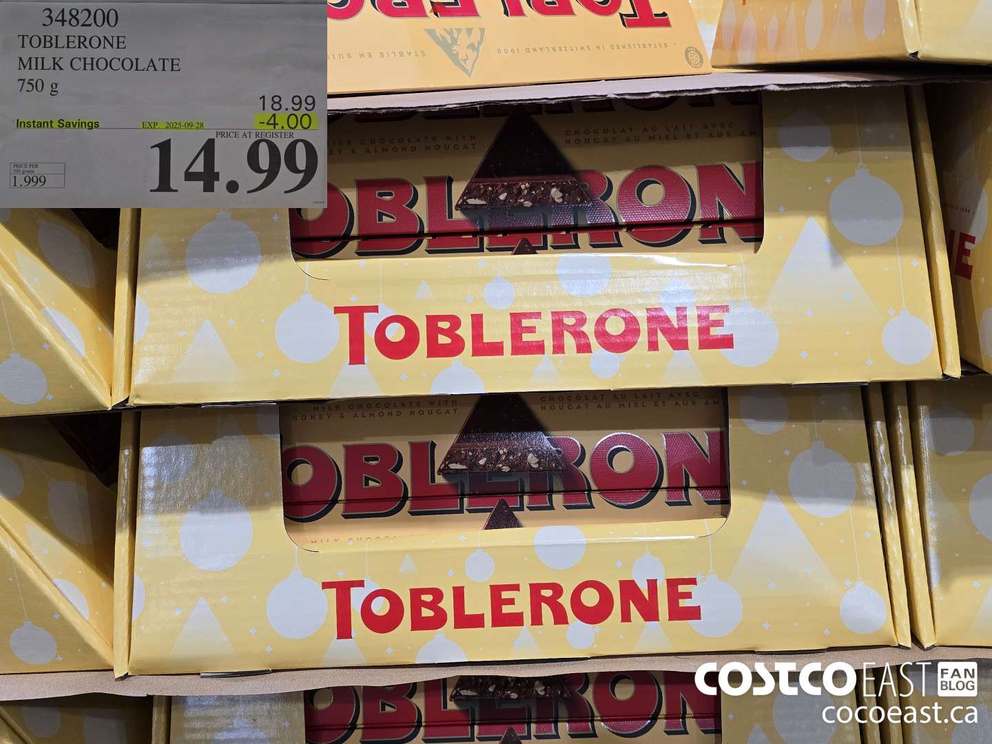 348200 TOBLERONE MILK CHOCOLATE 750 G ($4.00 INSTANT SAVINGS EXPIRES ON 2025-09-28) $14.99