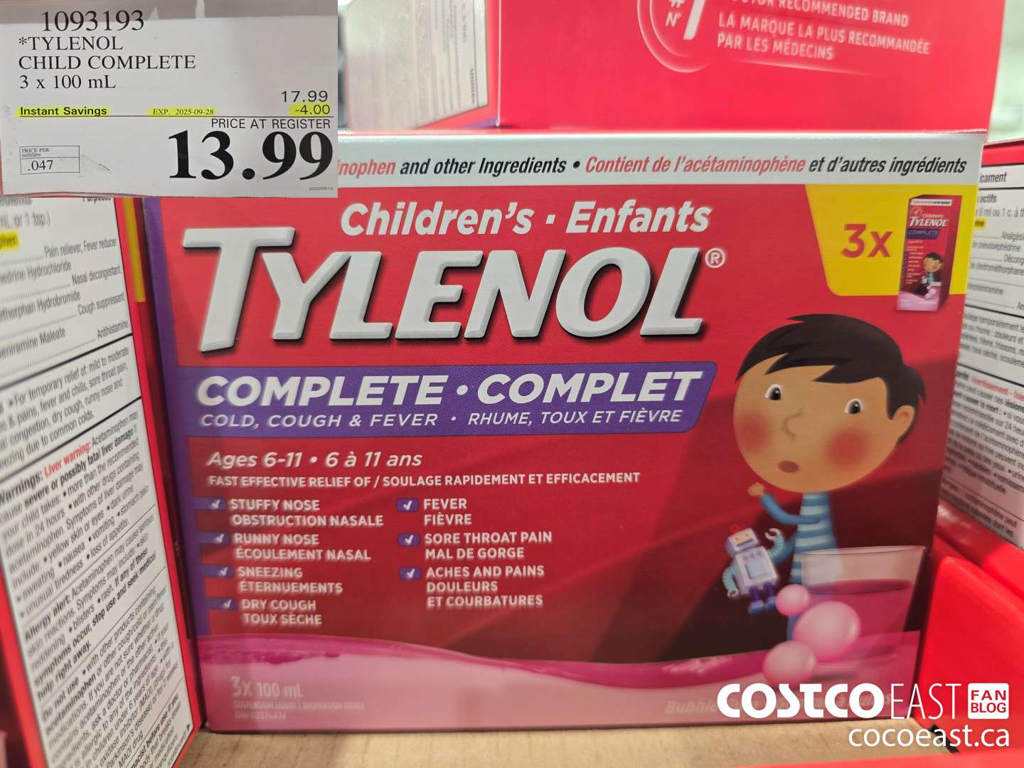 1093193 TYLENOL CHILD COMPLETE 3 X 100ML ($4.00 INSTANT SAVINGS EXPIRES ON 2025-09-28) $13.99