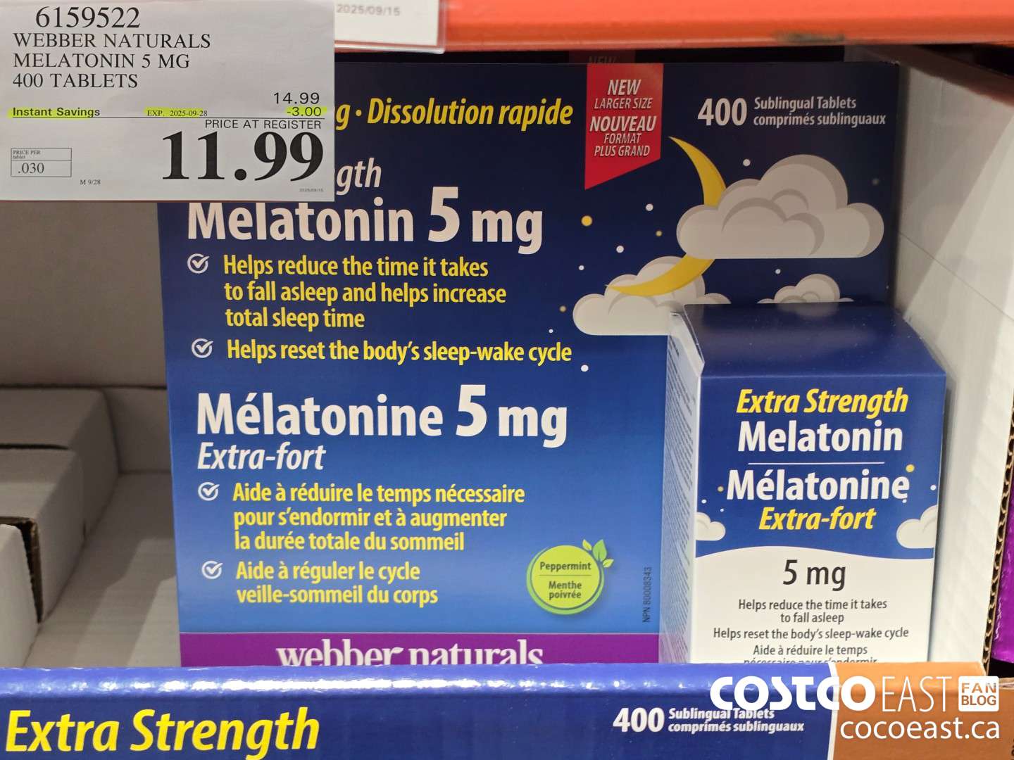6159522 WEBBER NATURALS MELATONIN 5 MG 400 TABLETS ($3.00 INSTANT SAVINGS EXPIRES ON 2025-09-28) $11.99