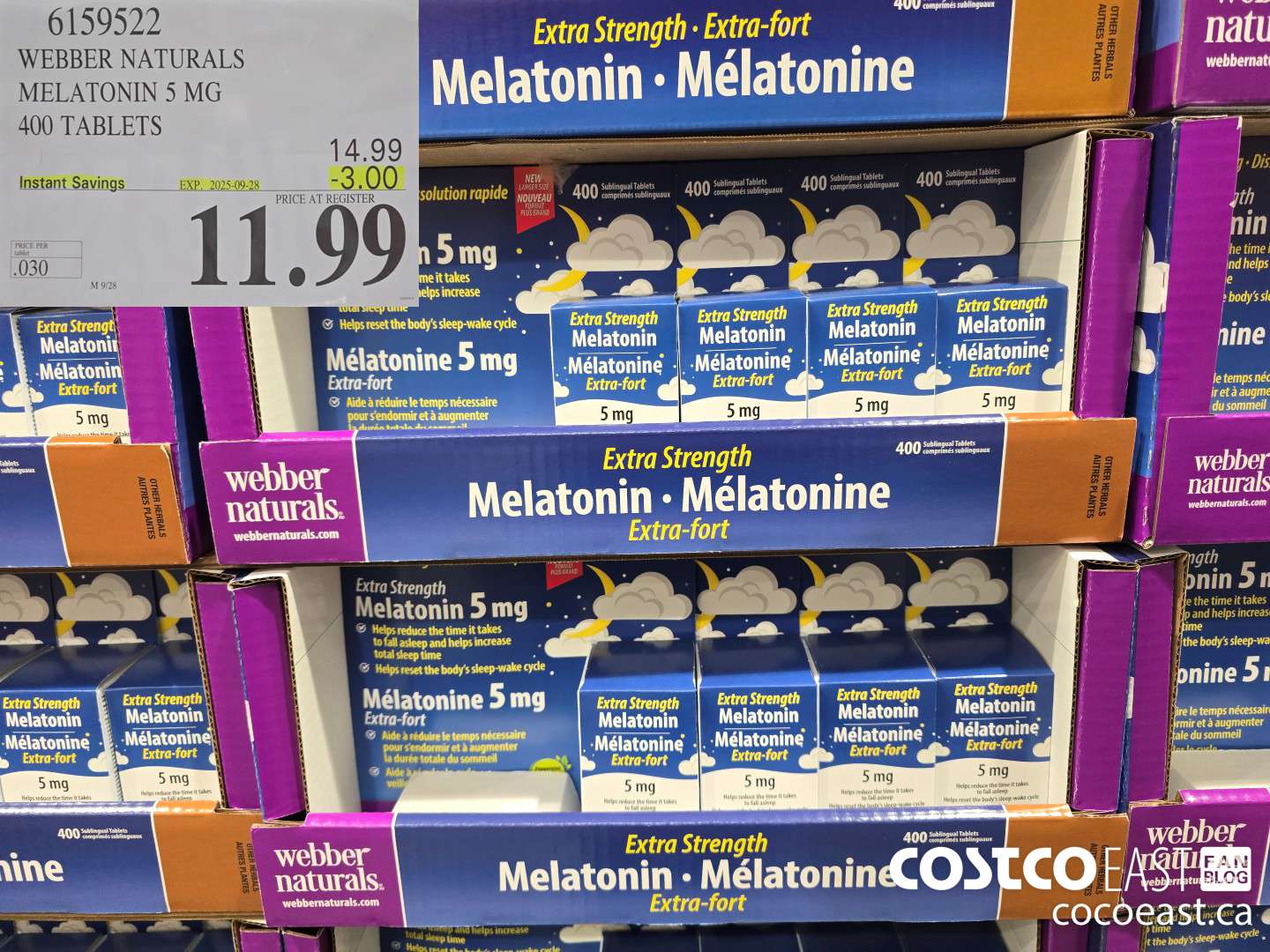 6159522 WEBBER NATURALS MELATONIN 5 MG 400 TABLETS ($3.00 INSTANT SAVINGS EXPIRES ON 2025-09-28) $11.99