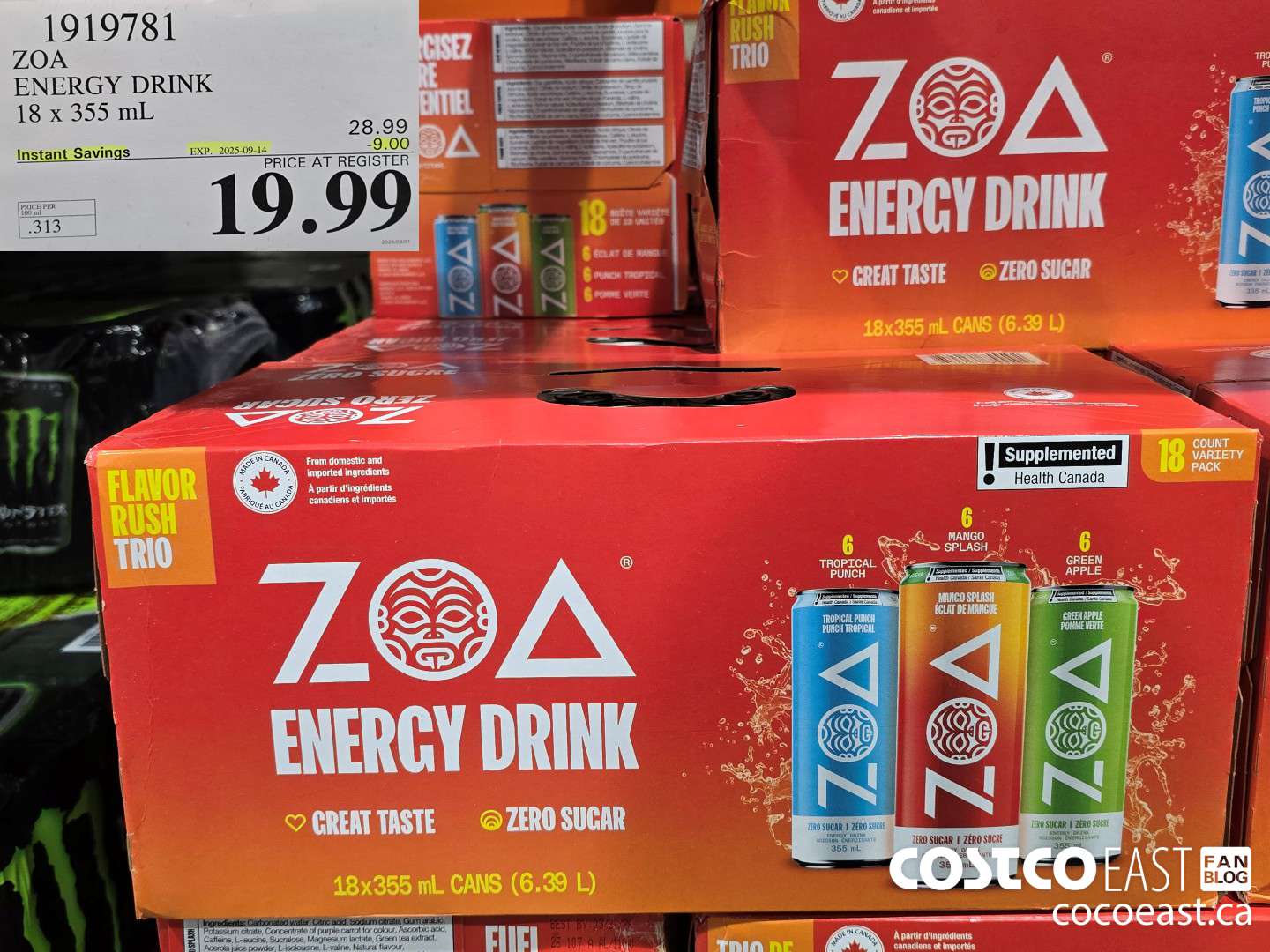 1919781 ZOA ENERGY DRINK 18 X 355 ML ($9.00 INSTANT SAVINGS EXPIRES ON 2025-09-14) $19.99