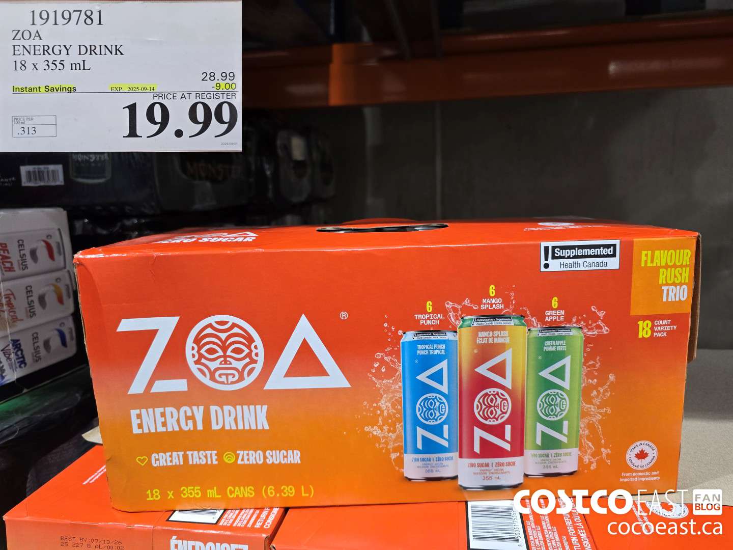 1919781 ZOA ENERGY DRINK 18 X 355 ML ($9.00 INSTANT SAVINGS EXPIRES ON 2025-09-14) $19.99