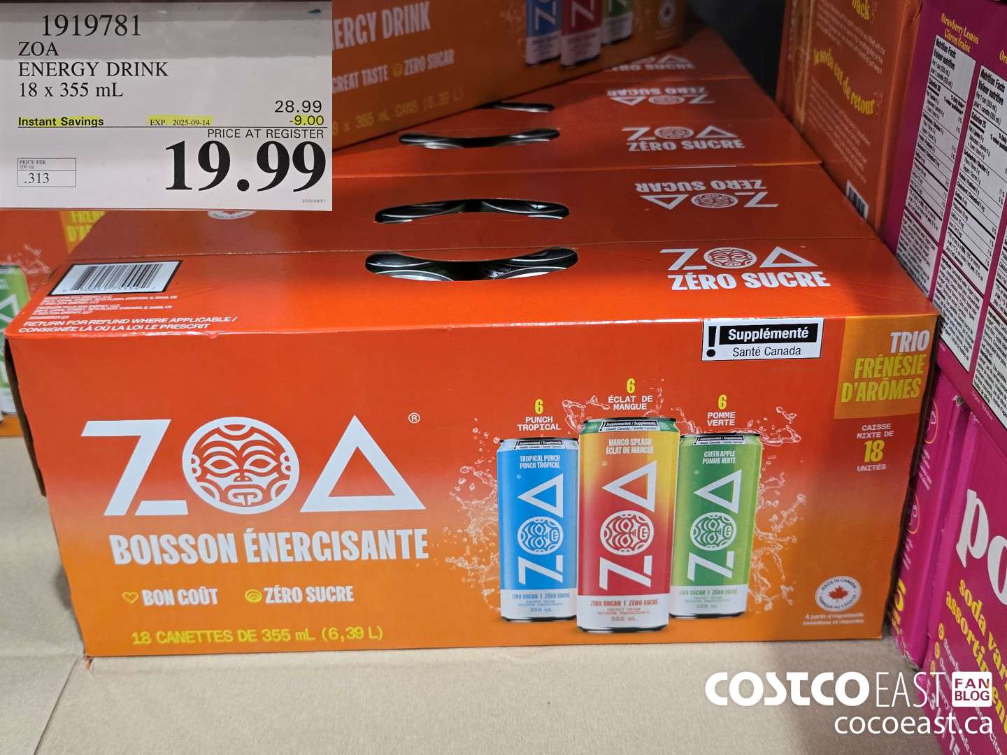 1919781 ZOA ENERGY DRINK 18 X 355 ML ($9.00 INSTANT SAVINGS EXPIRES ON 2025-09-14) $19.99
