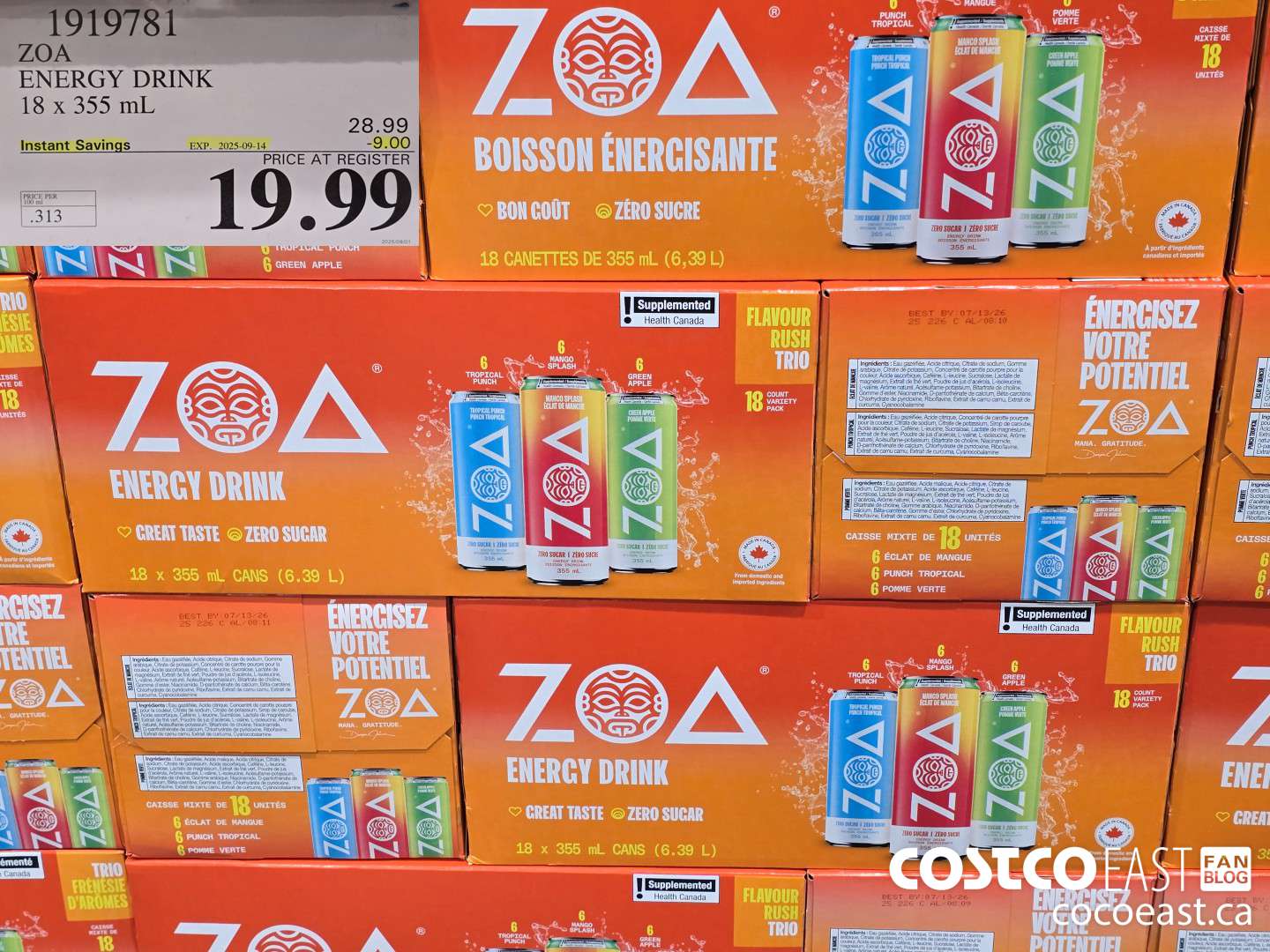 1919781 ZOA ENERGY DRINK 18 X 355 ML ($9.00 INSTANT SAVINGS EXPIRES ON 2025-09-14) $19.99