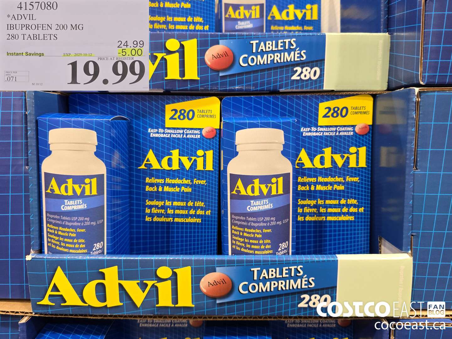 4157080 ADVIL IBUPROFEN 200MG 280 TABLETS ($5.00 INSTANT SAVINGS EXPIRES ON 2025-10-12) $19.99