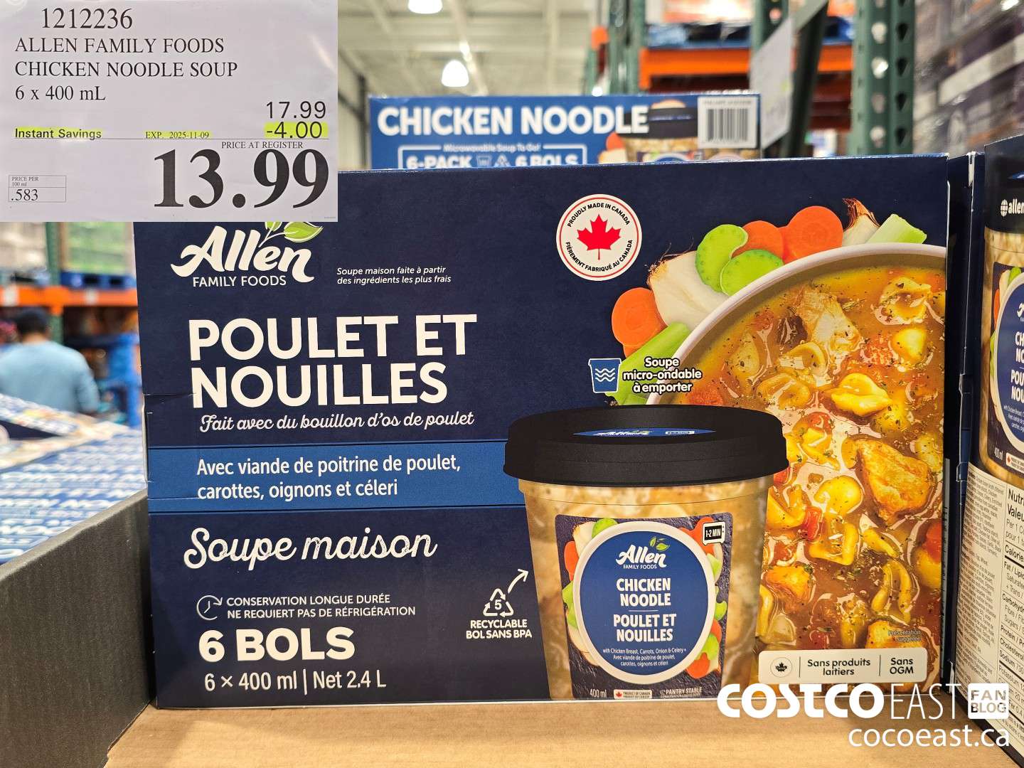 1212236 ALLEN FAMILY FOODS CHICKEN NOODLE SOUP 6 x 400 mL ($4.00 INSTANT SAVINGS EXPIRES ON 2025-11-09) $13.99