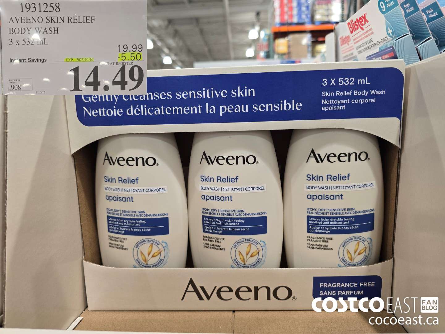 1931258 AVEENO SKIN RELIEF BODY WASH 3 X 532 ML ($5.50 INSTANT SAVINGS EXPIRES ON 2025-10-26) $14.49