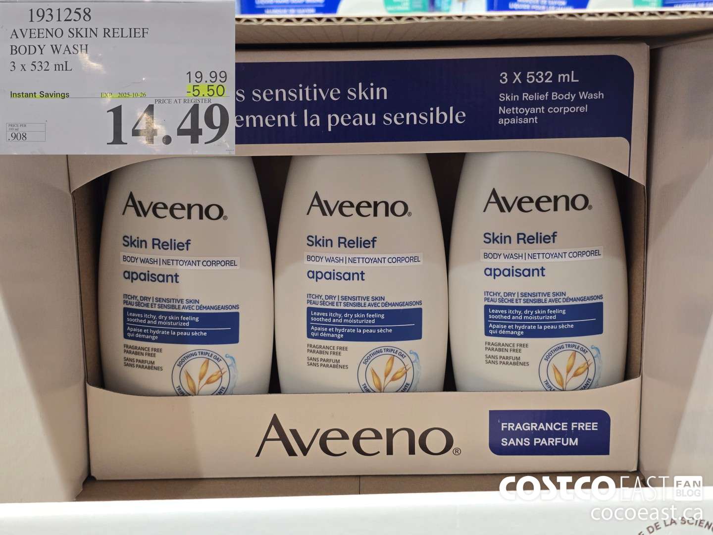1931258 AVEENO SKIN RELIEF BODY WASH 3 X 532 ML ($5.50 INSTANT SAVINGS EXPIRES ON 2025-10-26) $14.49
