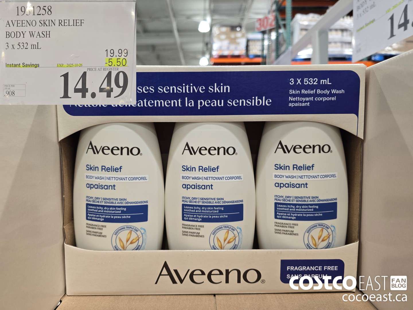 1931258 AVEENO SKIN RELIEF BODY WASH 3 X 532 ML ($5.50 INSTANT SAVINGS EXPIRES ON 2025-10-26) $14.49