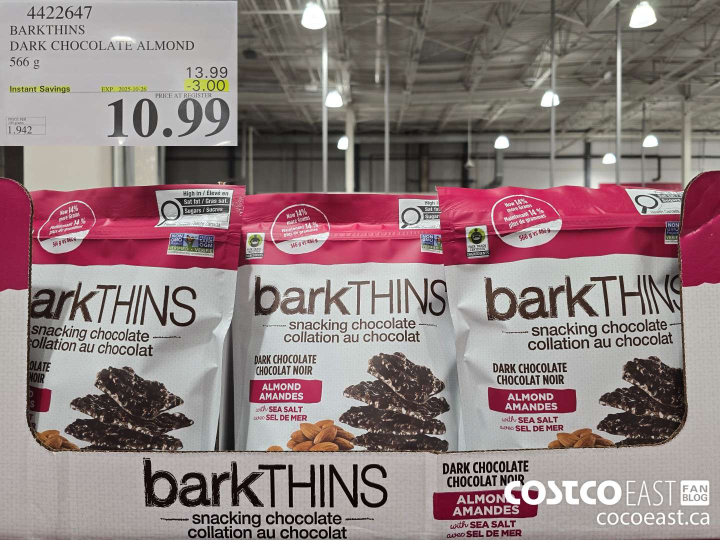 4422647 BARKTHINS DARK CHOCOLATE ALMOND 566 g ($3.00 INSTANT SAVINGS EXPIRES ON 2025-10-26) $10.99