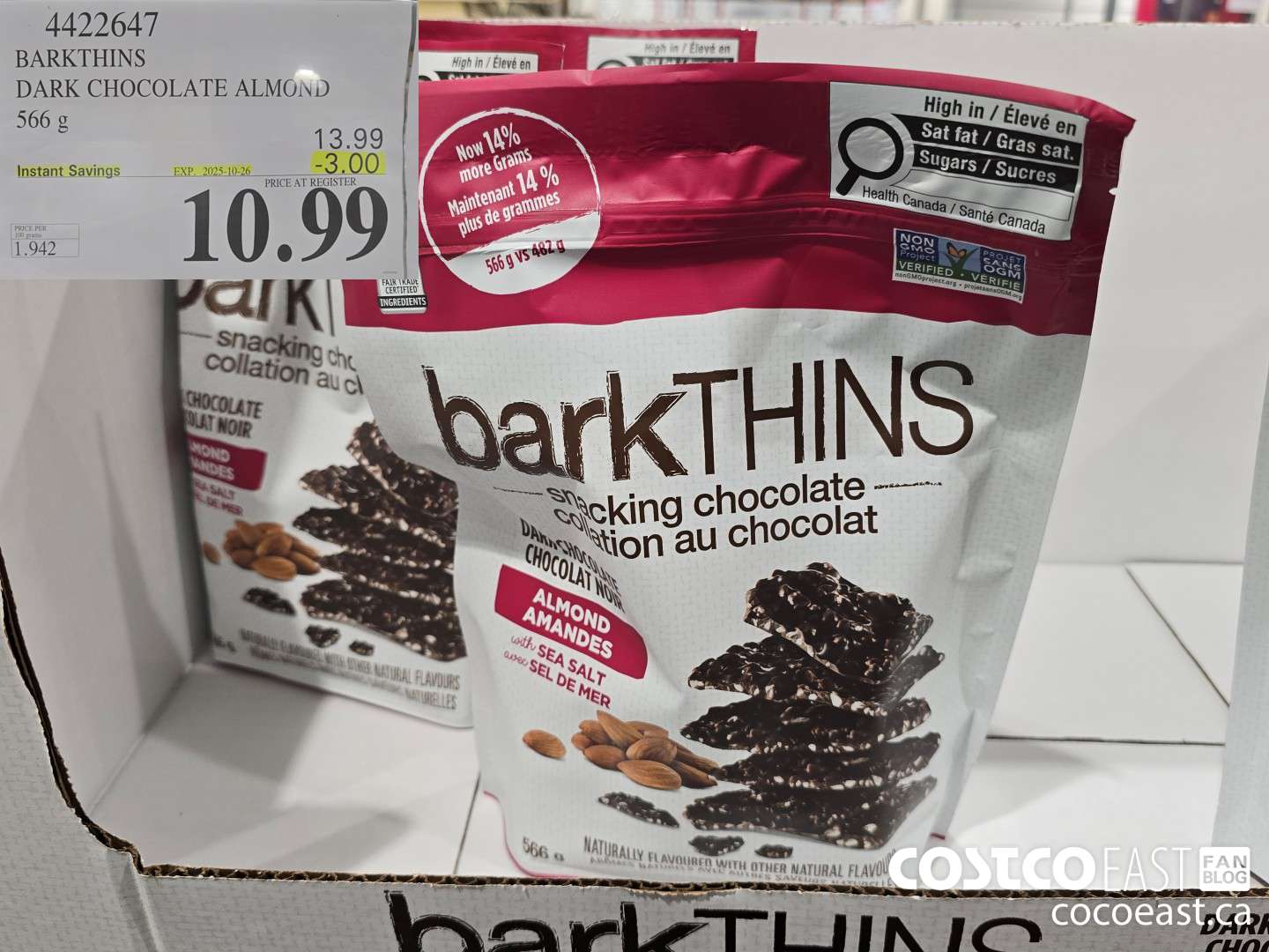 4422647 BARKTHINS DARK CHOCOLATE ALMOND 566 g ($3.00 INSTANT SAVINGS EXPIRES ON 2025-10-26) $10.99