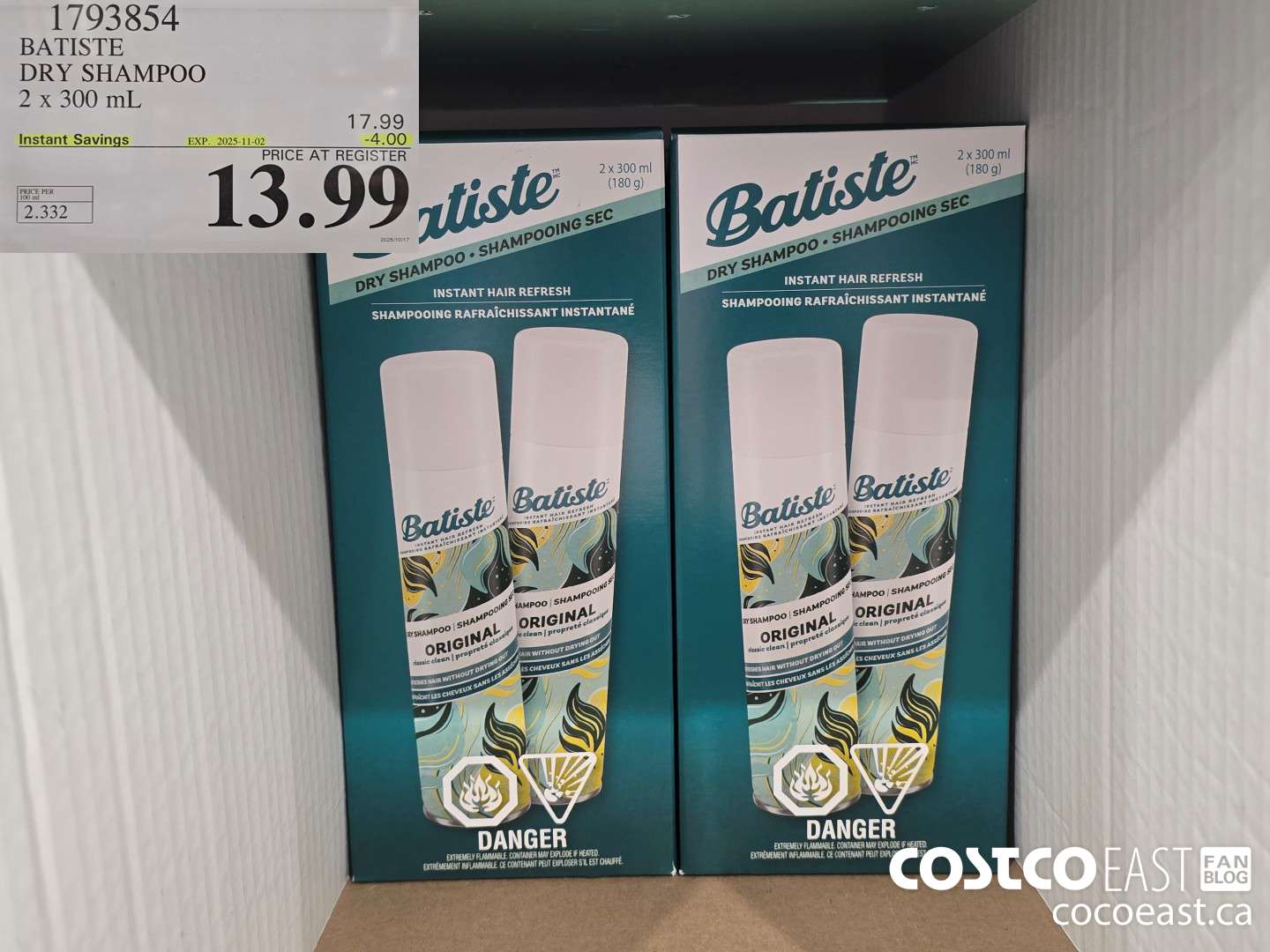 1793854 BATISTE DRY SHAMPOO 2 x 300 mL ($4.00 INSTANT SAVINGS EXPIRES ON 2025-11-02) $13.99