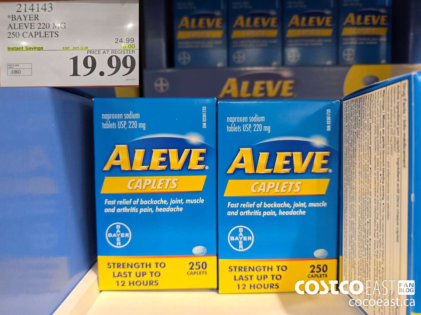 214143 BAYER ALEVE 220 MG 250 CAPLETS ($5.00 INSTANT SAVINGS EXPIRES ON 2025-11-09) $19.99