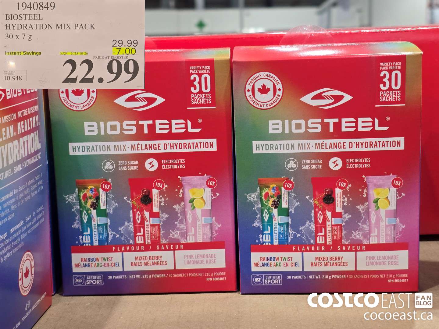 1940849 BIOSTEEL HYDRATION MIX PACK 30 X 7 G ($7.00 INSTANT SAVINGS EXPIRES ON 2025-10-26) $22.99