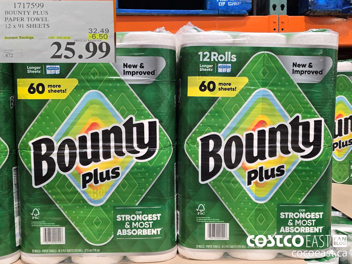 717599 BOUNTY PLUS PAPER TOWEL 12 x 91 SHEETS ($6.50 INSTANT SAVINGS EXPIRES ON 2025-10-26) $25.99