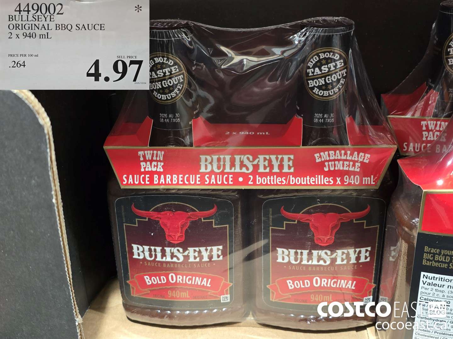 449002 BULLSEYE ORIGINAL BBQ SAUCE 2 X 940 ML $4.97