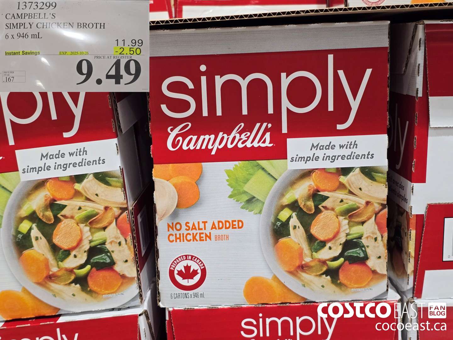 1373299 CAMPBELL'S SIMPLY CHICKEN BROTH 6 x 946 mL ($2.50 INSTANT SAVINGS EXPIRES ON 2025-10-26) $9.49