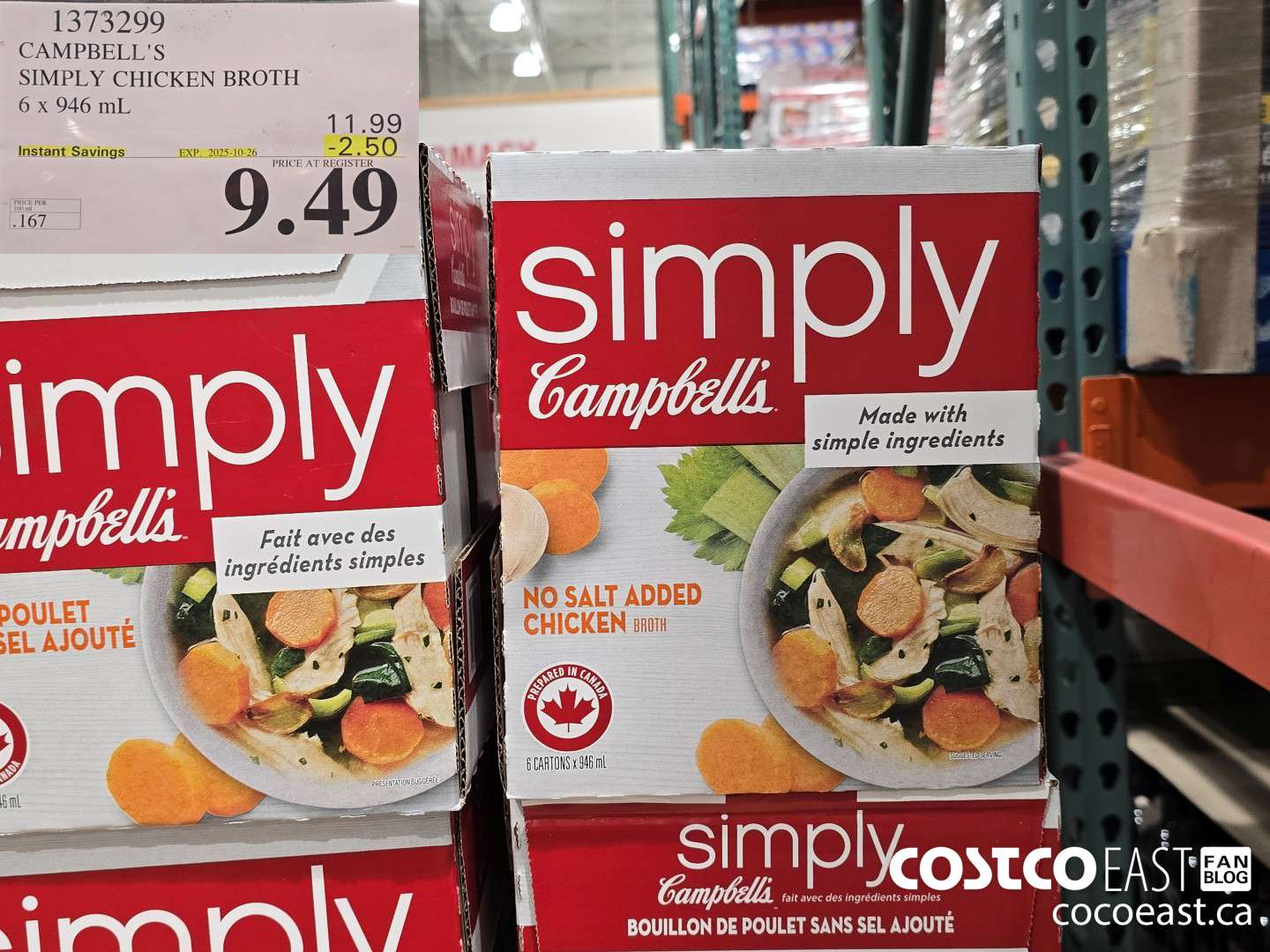 1373299 CAMPBELL'S SIMPLY CHICKEN BROTH 6 x 946 mL ($2.50 INSTANT SAVINGS EXPIRES ON 2025-10-26) $9.49