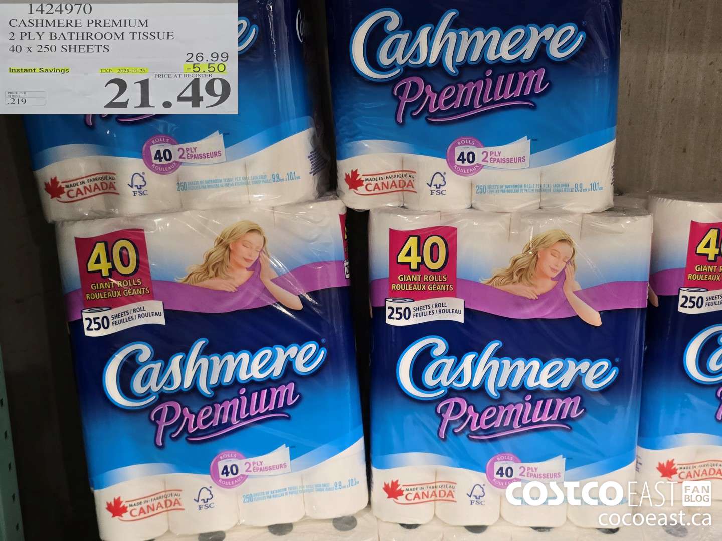 1424970 CASHMERE PREMIUM 2 PLY BATHROOM TISSUE 40 x 250 sheets ($5.50 INSTANT SAVINGS EXPIRES ON 2025-10-26) $21.49