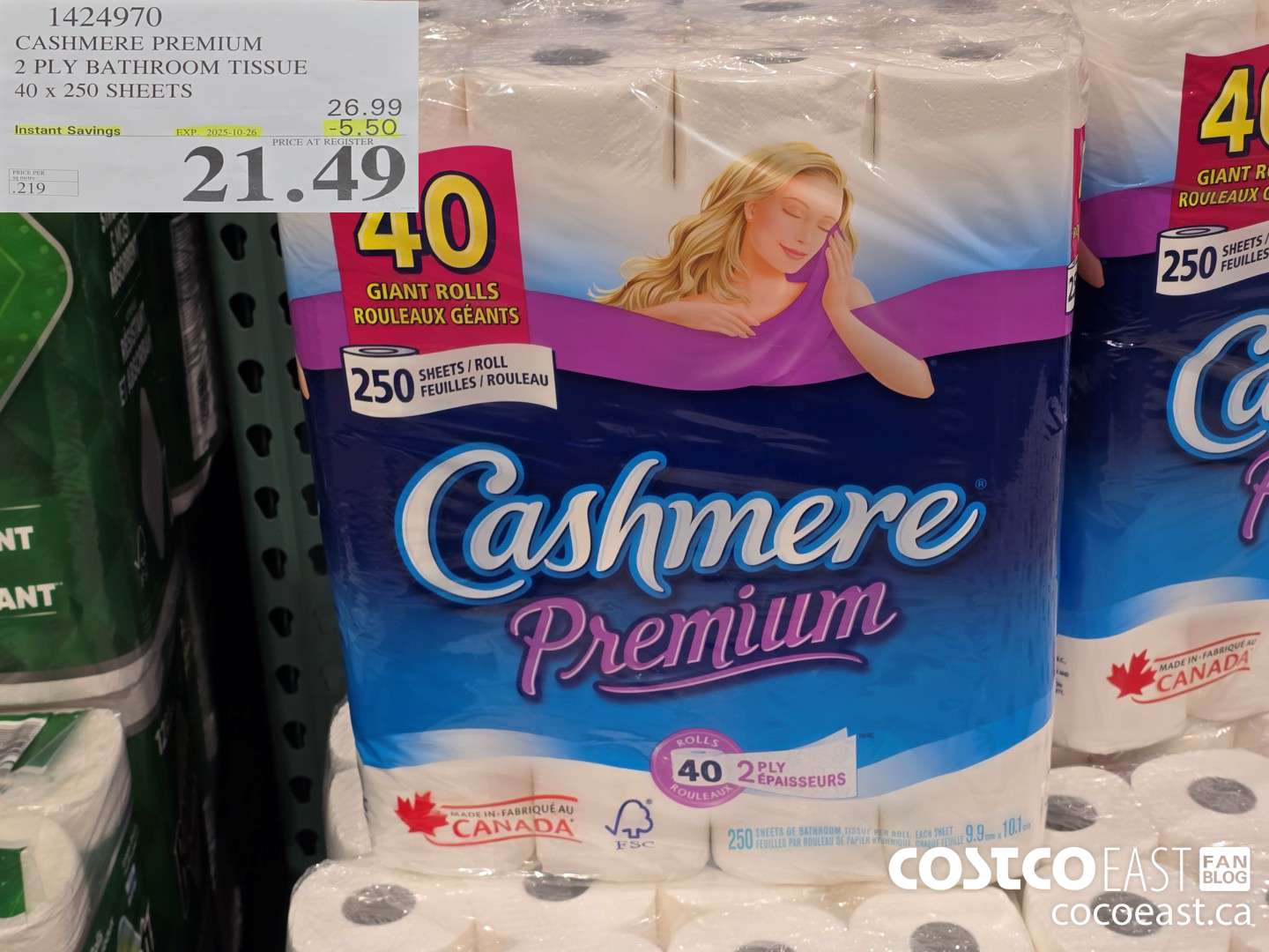 1424970 CASHMERE PREMIUM 2 PLY BATHROOM TISSUE 40 x 250 sheets ($5.50 INSTANT SAVINGS EXPIRES ON 2025-10-26) $21.49