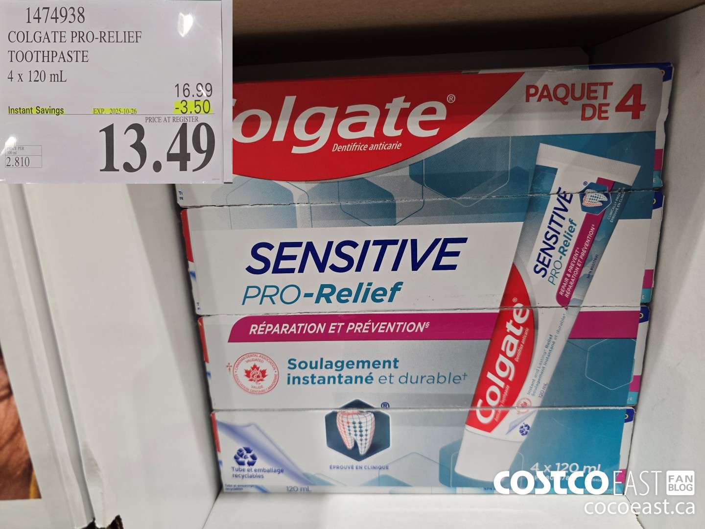1474938 COLGATE PRO-RELIEF TOOTHPASTE 4x 120 mL ($3.50 INSTANT SAVINGS EXPIRES ON 2025-10-26) $13.49